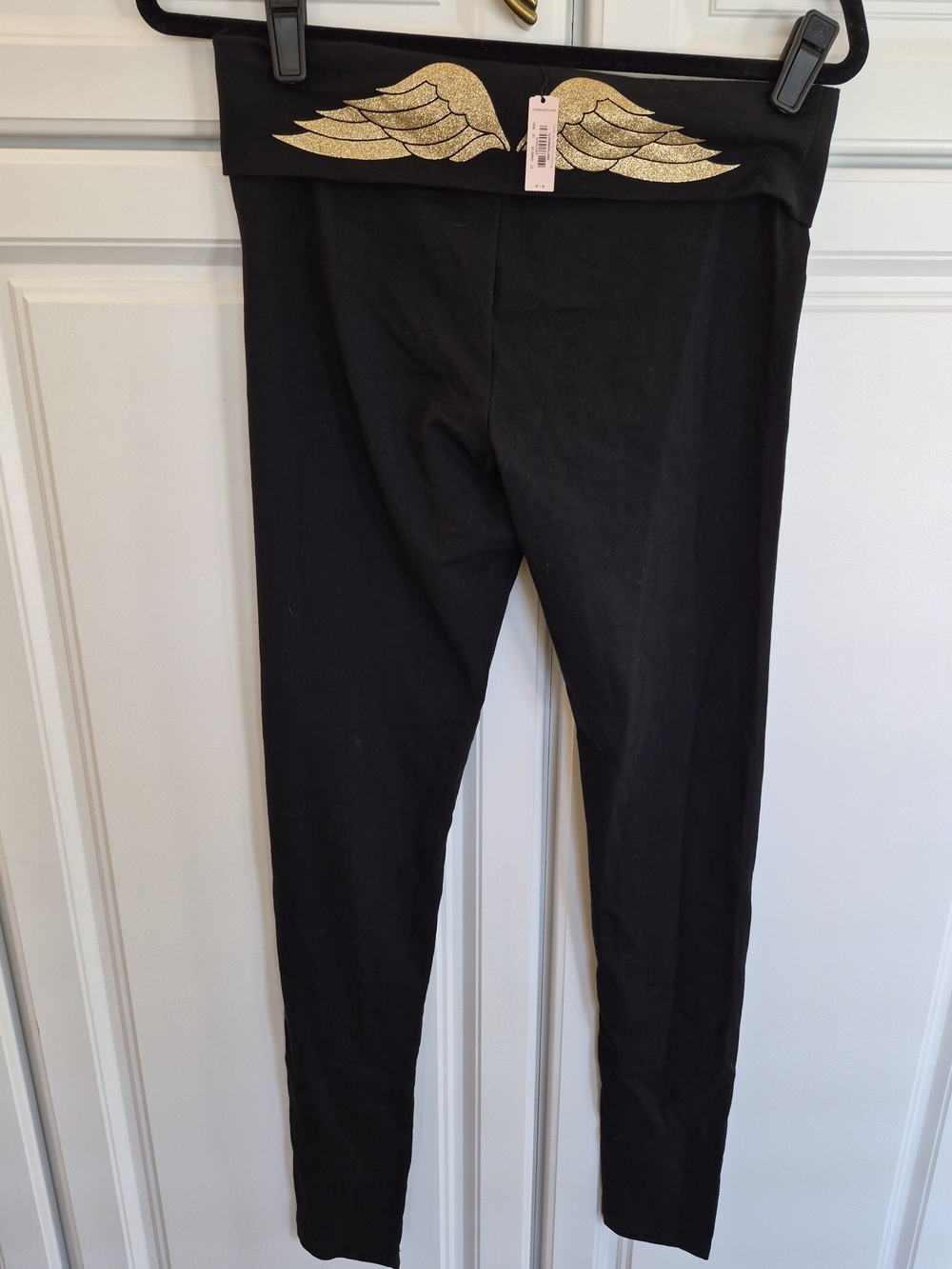 NWT Victoria's Secret Black  Leggings with Gold Glitter Wings Medium Classic